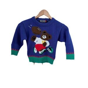 Vtg Express Boys Teddy Bear Crewneck Sweater Blue Sz 4 90s Sports Football